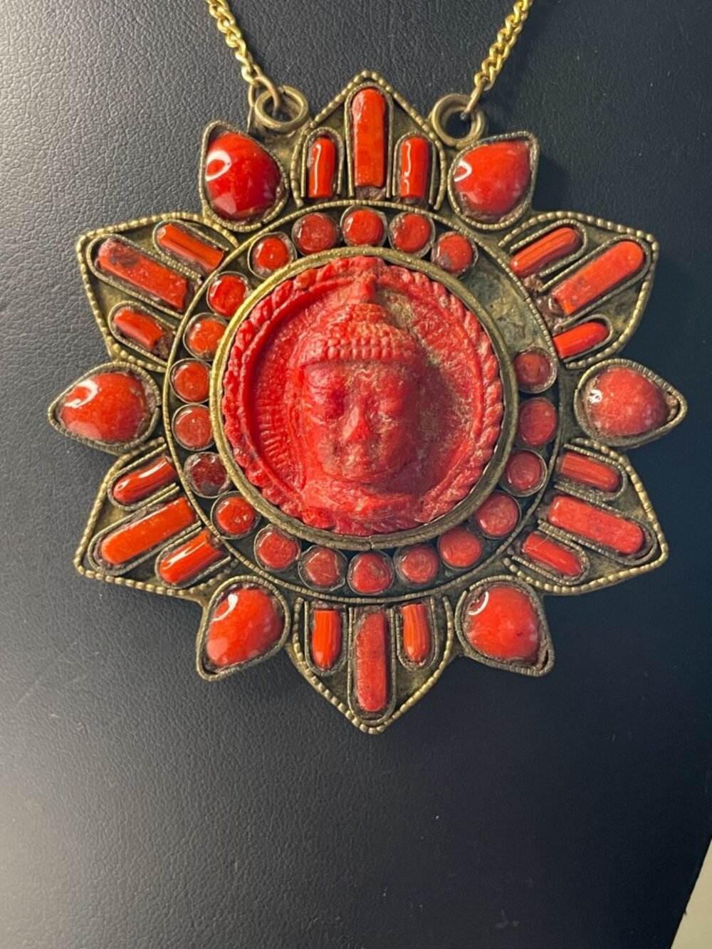 Vintage Tibetan Buddha Medallion Necklace Genuine Red Branch Coral Faux Cinnabar